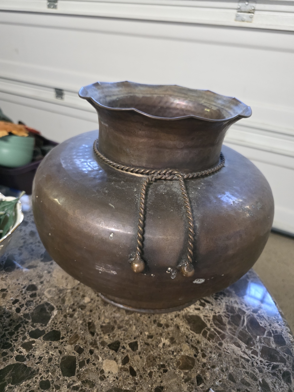 Antique-Style Brass Decorative Vase with Braided Accent - Brown